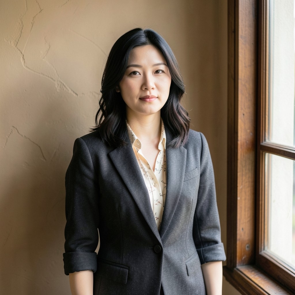Portrait of a woman in a charcoal jacket standing beside a window in soft daylight