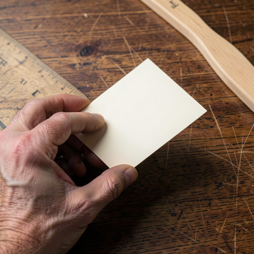 Hands holding a blank index card above a wooden desk with a ruler and soft side light