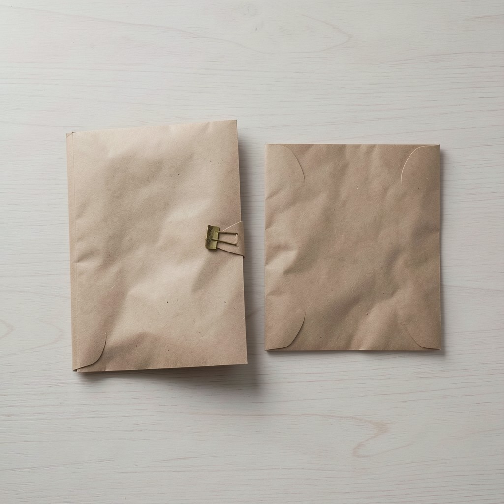Two closed folders on a long table, one with a brass paper clip, in even daylight