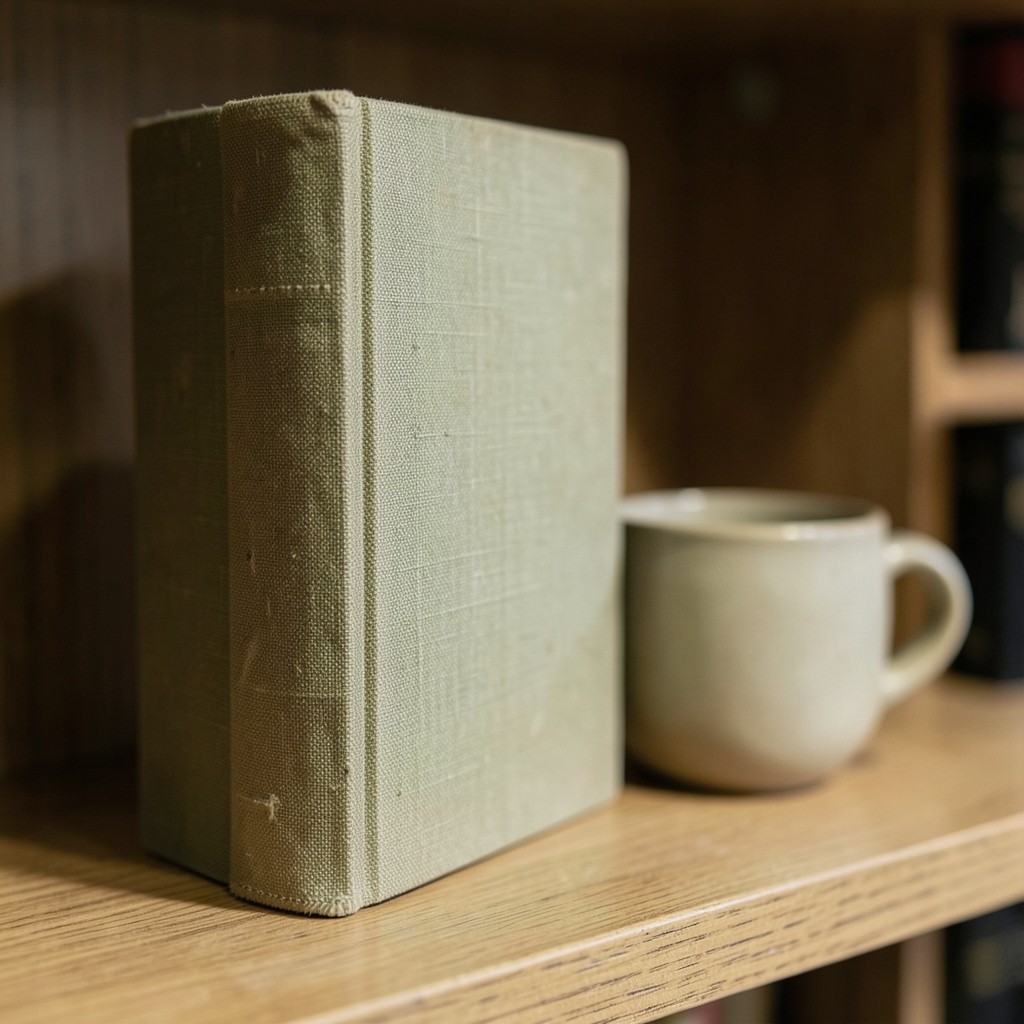 A closed clothbound book standing on a shelf beside a ceramic cup in warm indoor light