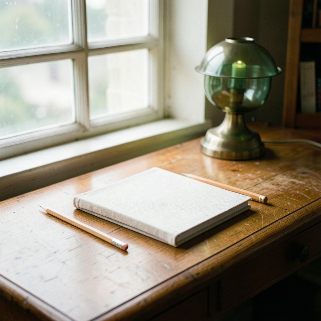 A wooden desk with a closed notebook, a pencil, and a small lamp beside a window