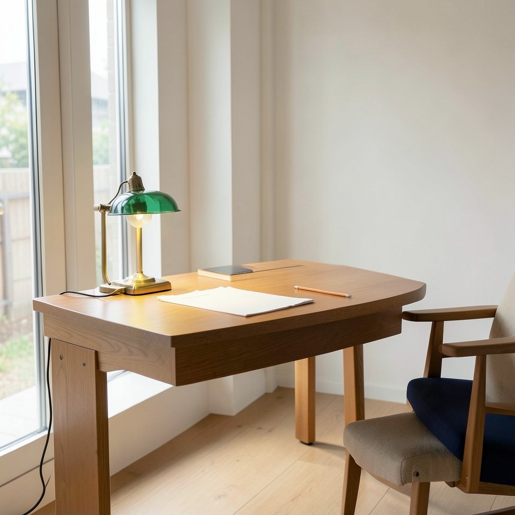 A quiet reading room with a wooden desk by a tall window, blank papers, and a brass lamp