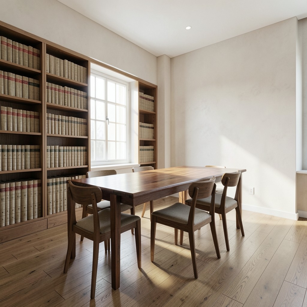 A long wooden table and bookshelves in a bright reading room with daylight from tall windows