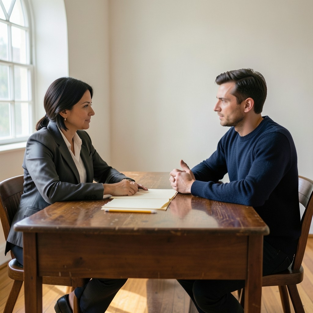 A librarian and a visitor seated across a wooden desk with blank papers and a pencil in a quiet reading room