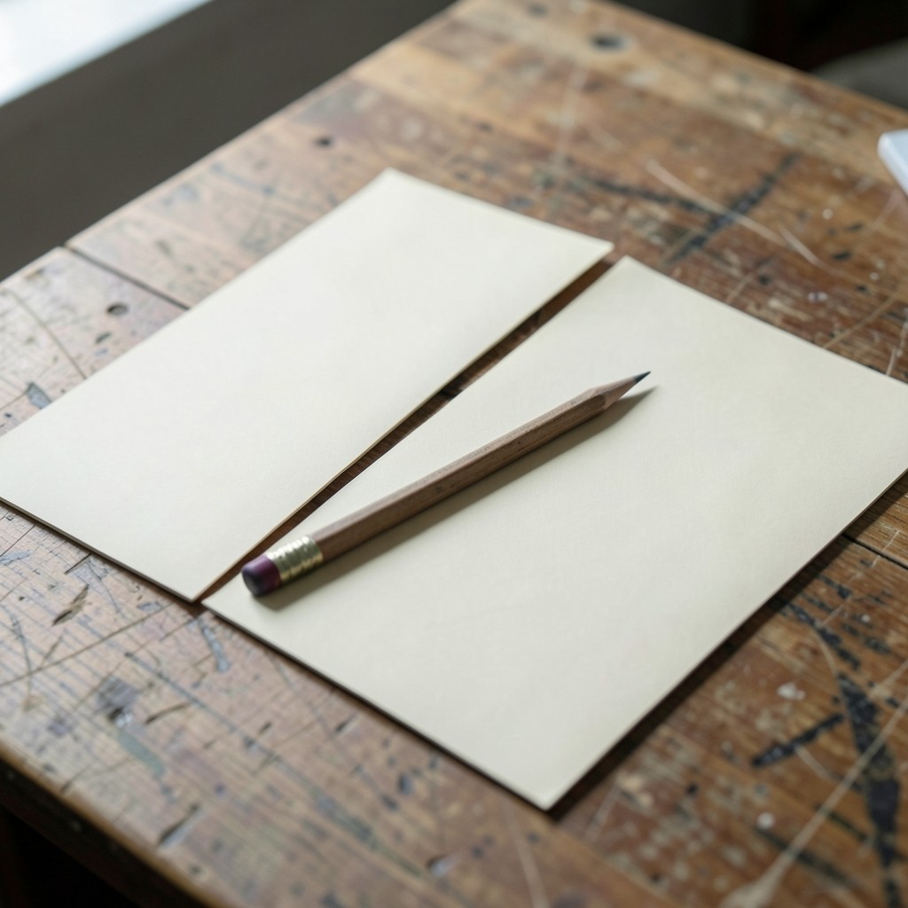 Two blank sheets side by side on a wooden desk with a pencil and soft window light