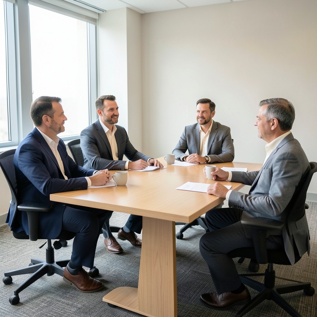 Four adults seated around a bright wooden table with papers turned away from the camera in a meeting room